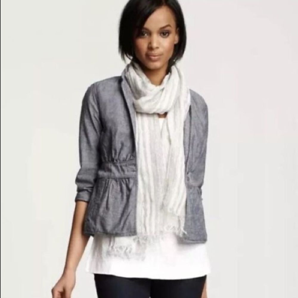 EUC Eileen Fisher gray blue stand collar chambray jacket large